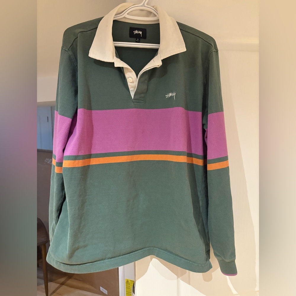 Stussy Green and Pink Rugby Shirt